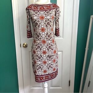 Max Studio Brown/Rust/White/Cranberry 3/4 Sleeve Dress S